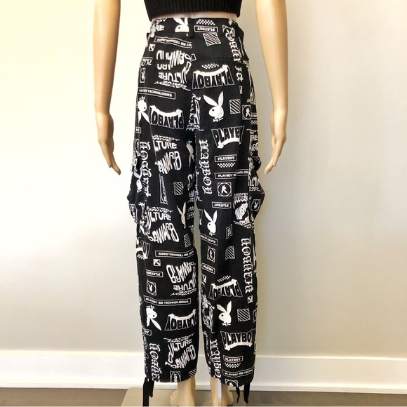 PLAYBOY Y2K Logo Cargo Pockets Black & White High Rise Wide Leg Pants Trousers. - Picture 1 of 16